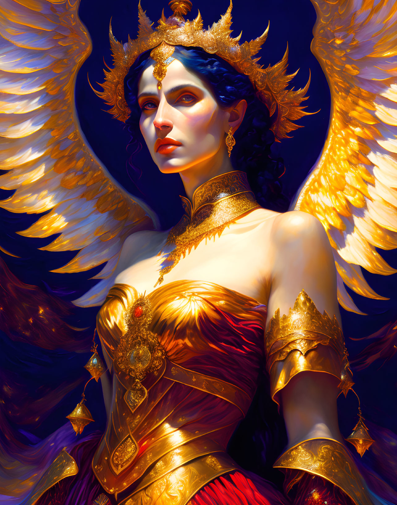 Regal woman with blue eyes, golden headpiece, red and gold attire, and luminous wings