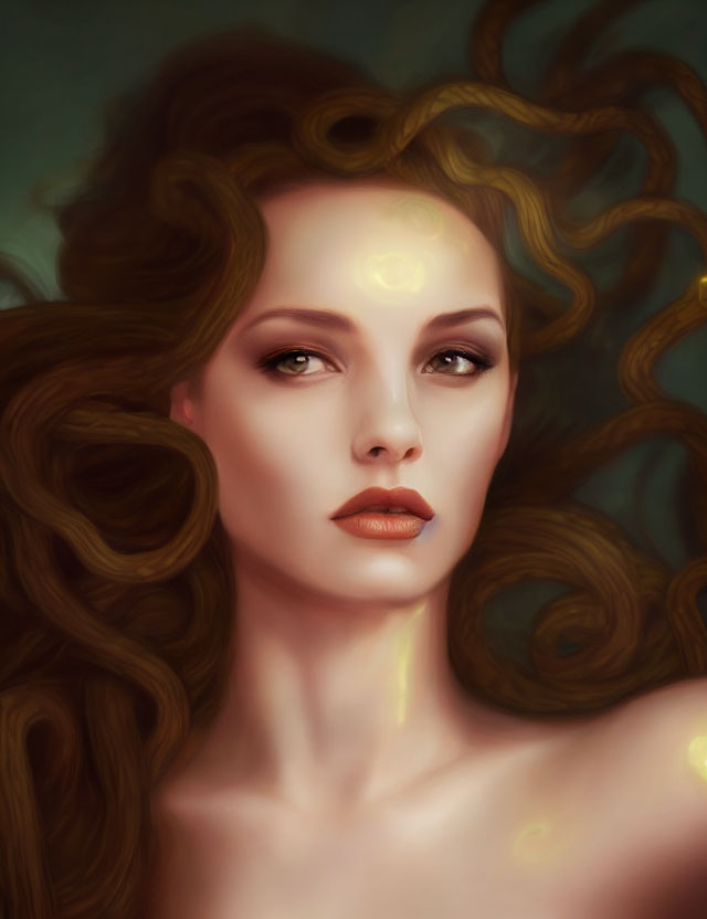 Digital painting of woman with flowing curly hair and captivating gaze