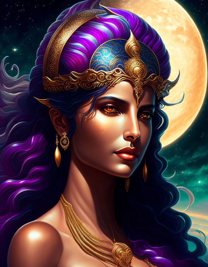 Illustrated portrait of woman with purple hair and golden jewelry under starry night sky