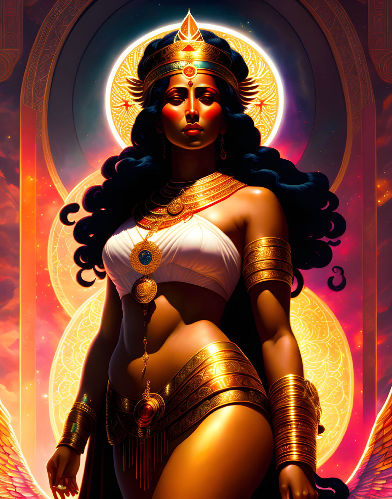 Illustrated female figure with blue skin and golden jewelry in cosmic setting