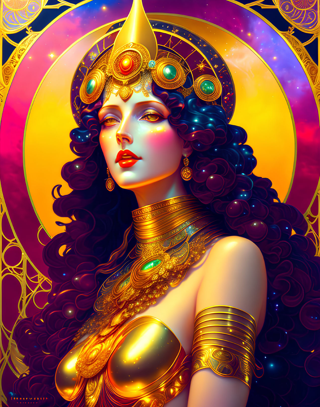 Illustration of Woman with Dark Hair and Golden Adornments on Cosmic Background