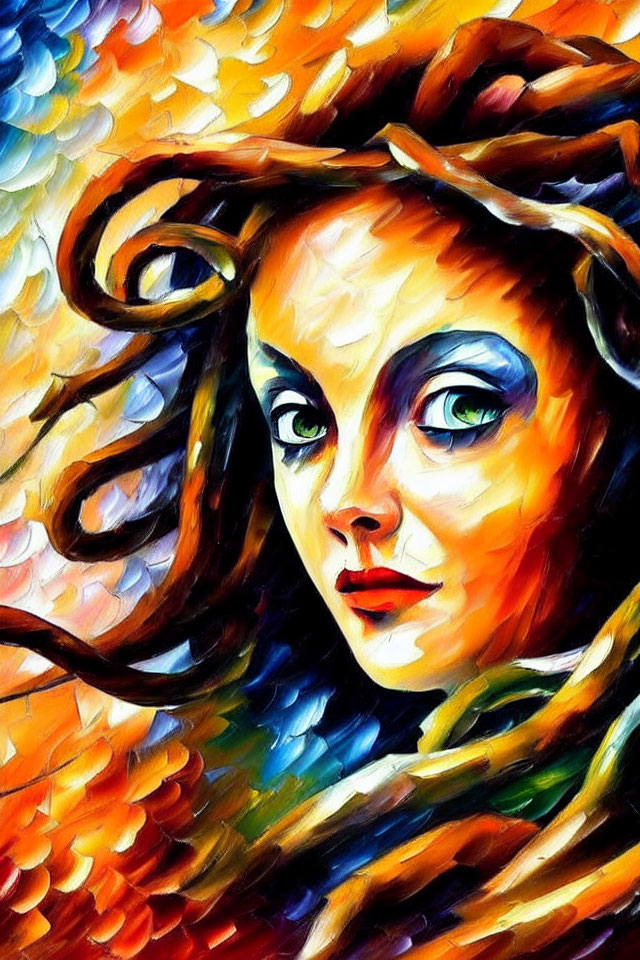 Colorful Expressionistic Painting of a Woman with Emphasized Features