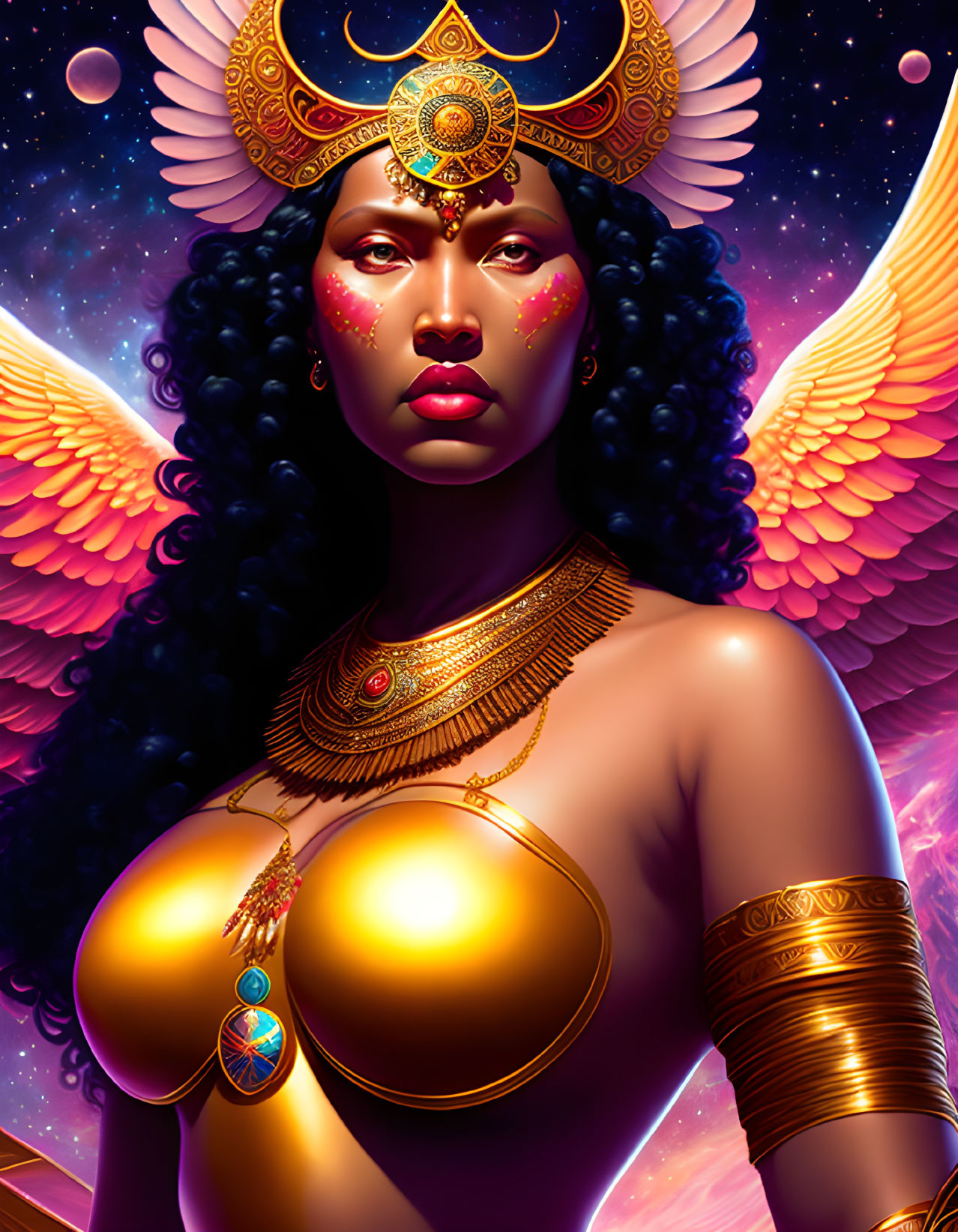Majestic woman with wings in Egyptian-inspired attire on cosmic backdrop