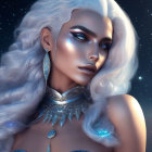 Silver-haired woman with moon tiara in cosmic fantasy portrait