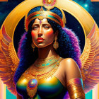 Stylized woman with dark hair, gold crown, red scarf, butterfly wings, moons, and