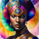 Colorful digital artwork of woman with ornate jewelry and headwear on multicolored backdrop
