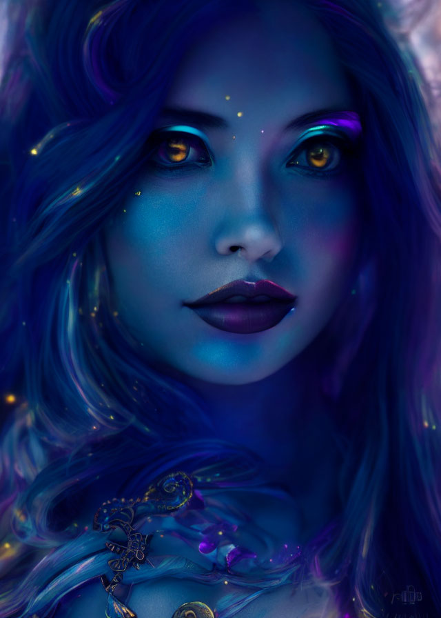 Vibrant blue-purple hair and celestial motifs on a woman's portrait