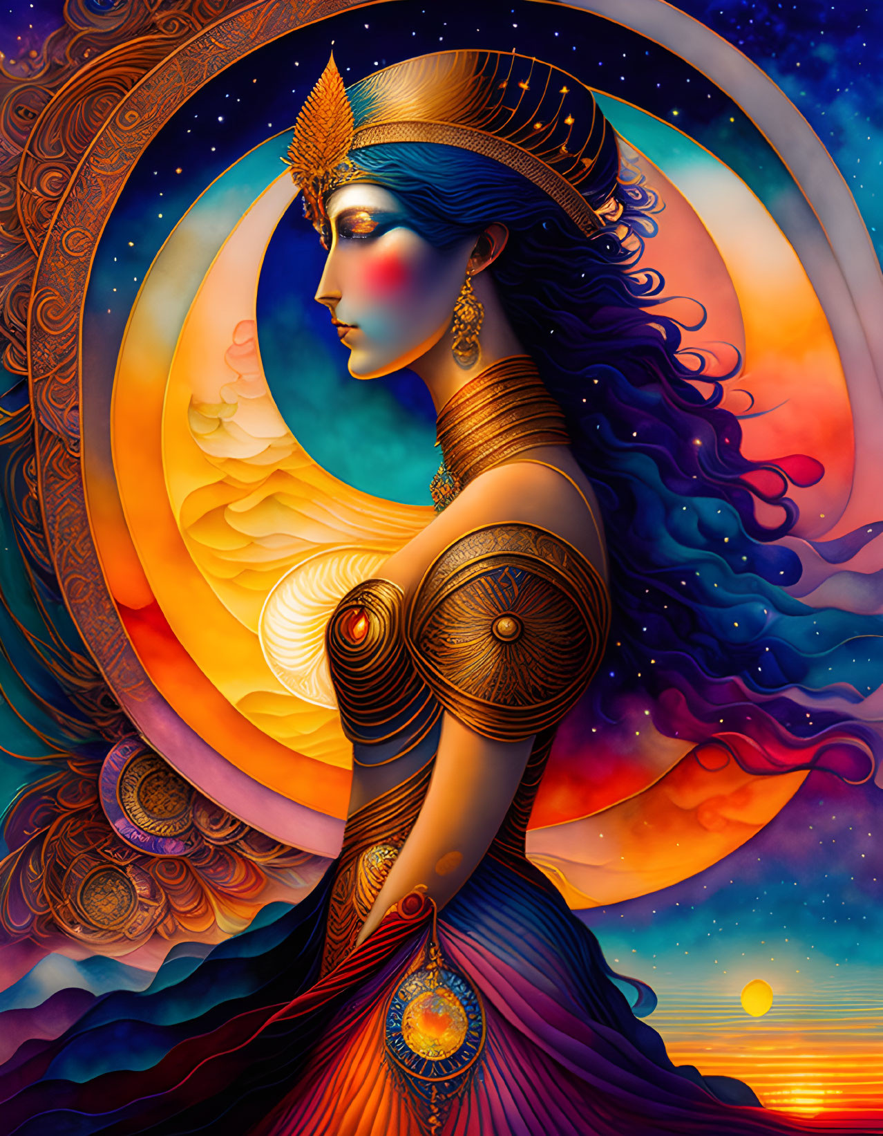 Detailed illustration of blue-skinned woman in golden attire amidst cosmic background
