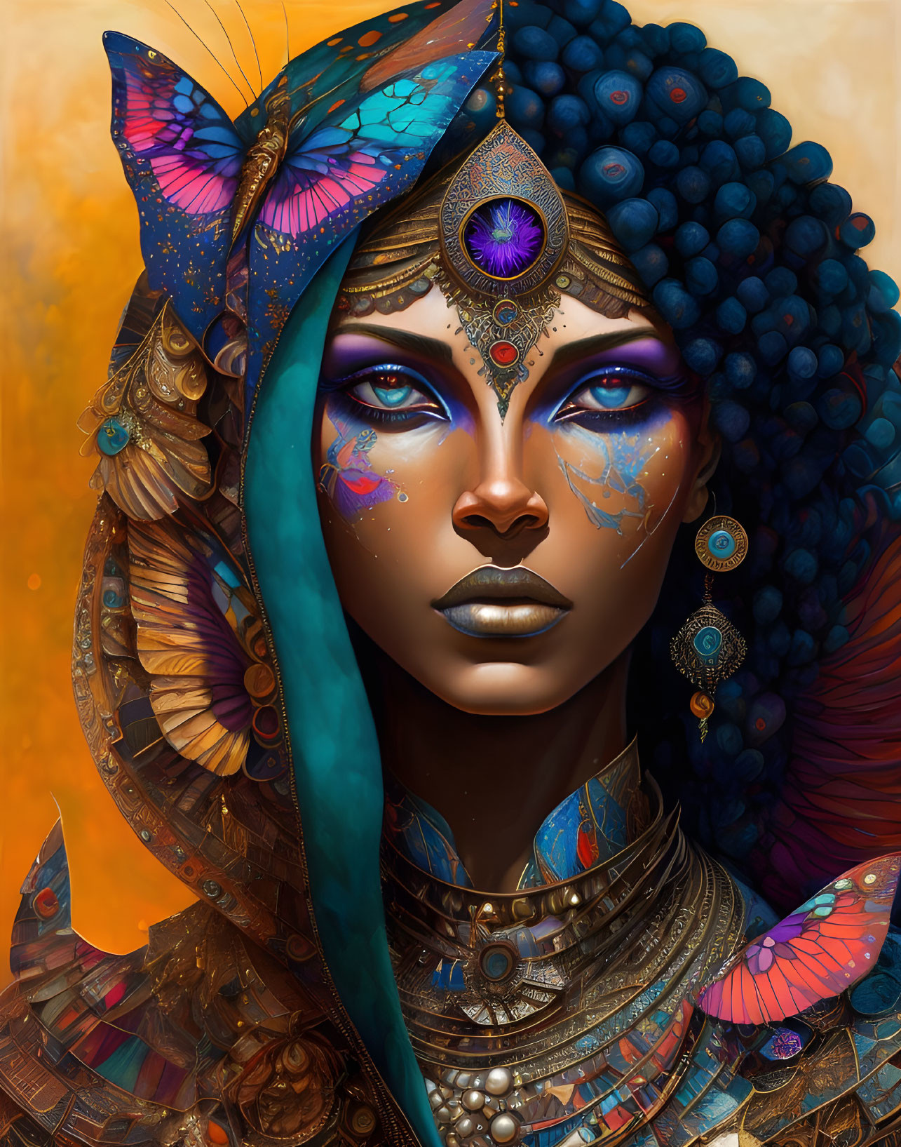 Blue-skinned woman with elaborate headdress and butterfly decorations.