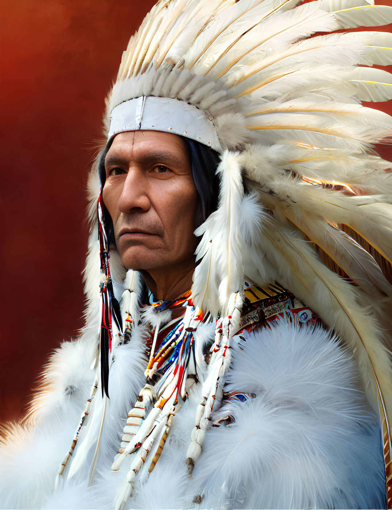 Traditional Native American Headdress with White Feathers on Red Background