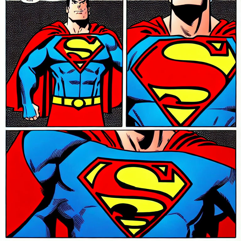 Close-up comic book panels of Superman and another superhero's costume details