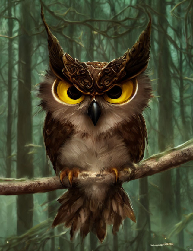 Detailed brown owl illustration with glowing yellow eyes in misty forest