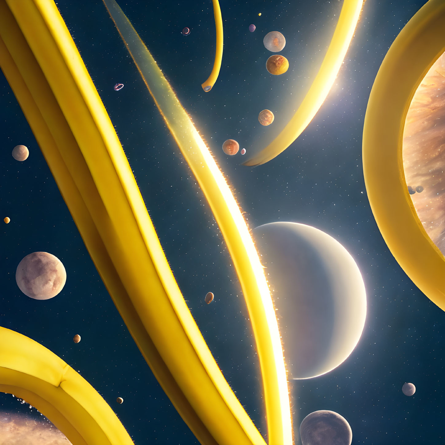 Giant bananas orbit planets in whimsical space scene
