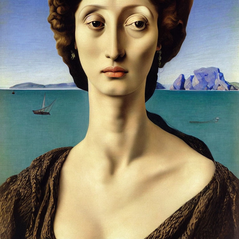 Elongated neck woman painting with serene expression and seascape.