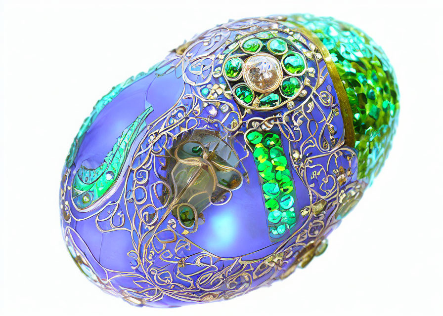 Intricate Gold-Patterned Decorative Egg with Green Crystals and Pearls