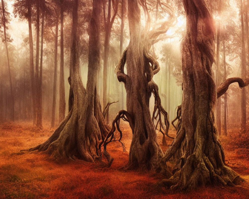 Mysterious Forest Scene with Ancient Trees and Intertwined Roots