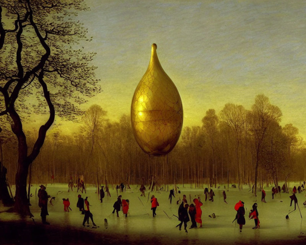 Golden teardrop-shaped object hovers over ice skaters on frozen pond