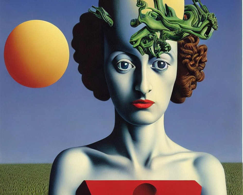 Surrealist painting of woman with tree branches and orange spheres on wheat field