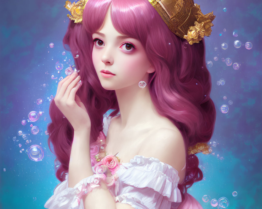 Digital Art: Woman with Pink Hair & Golden Crown in Bubble-filled Scene