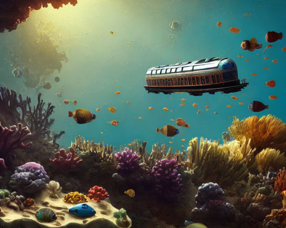 Vibrant coral reef scene with futuristic underwater train