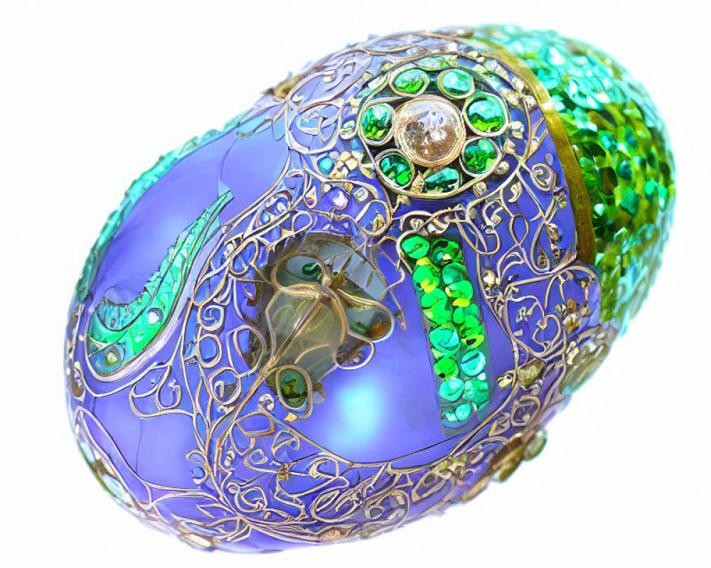 Intricate Gold-Patterned Decorative Egg with Green Crystals and Pearls
