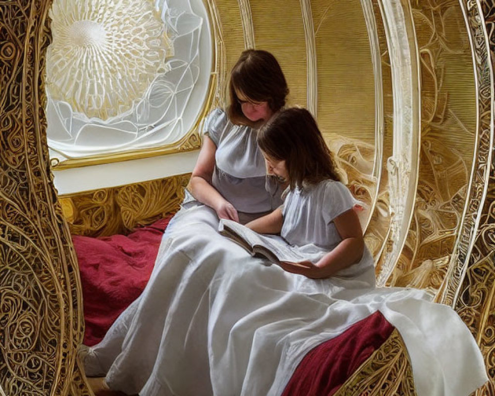 Two people reading in ornate circular alcove with golden designs and round window