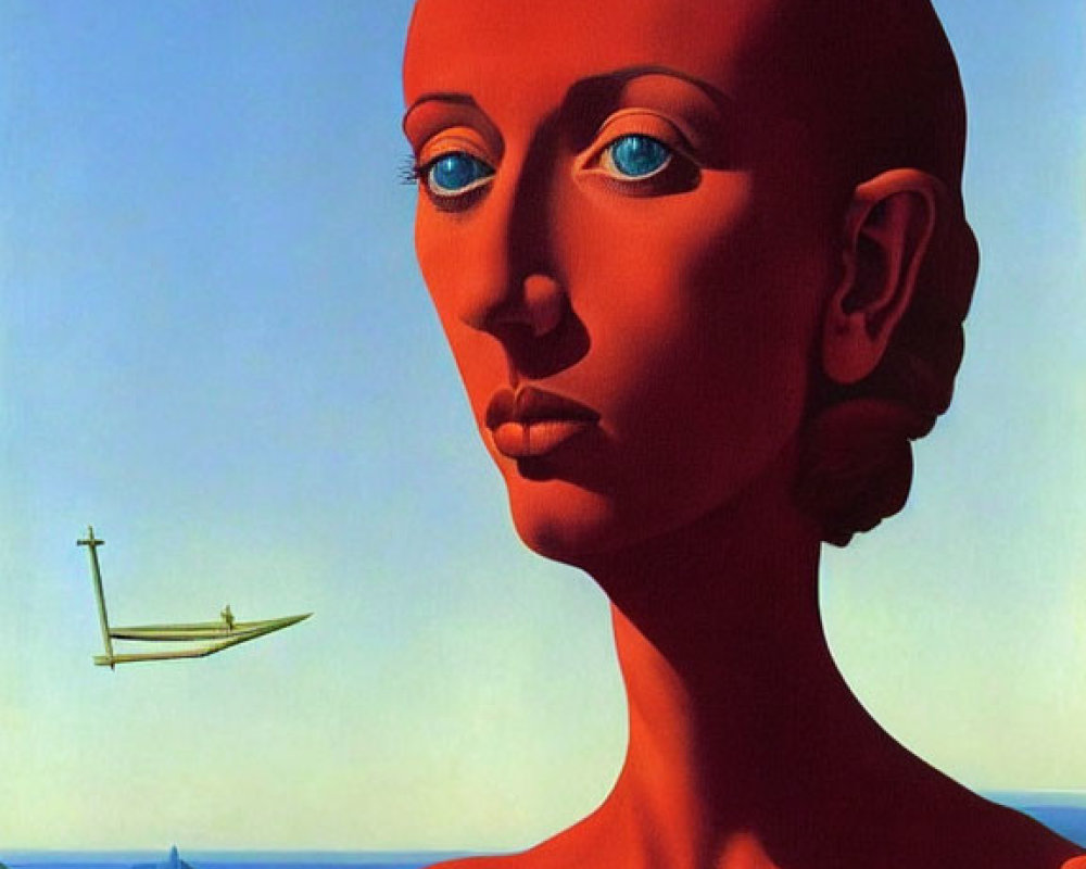 Red-skinned figure with blue eyes in surreal landscape with sea, sun, and aircraft