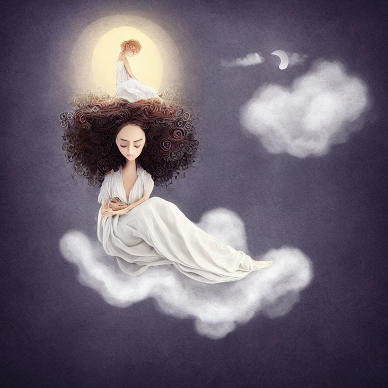 Illustration of woman with voluminous hair on cloud under full moon