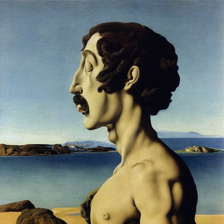 Surreal painting: Male figure with contorted face becomes landscape.