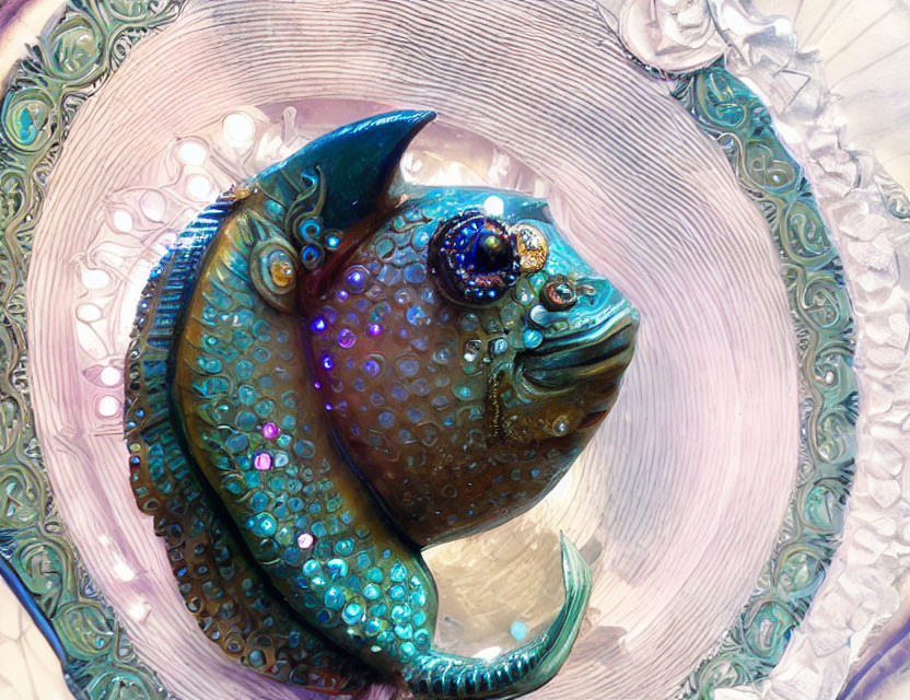 Colorful Fish Artwork with Gemstone Eye and Sequins on Textured Background