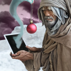 Robed Figure Holding Tablet Under Giant Ethereal Hand on Cloudy Sky