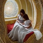Two people reading in ornate circular alcove with golden designs and round window