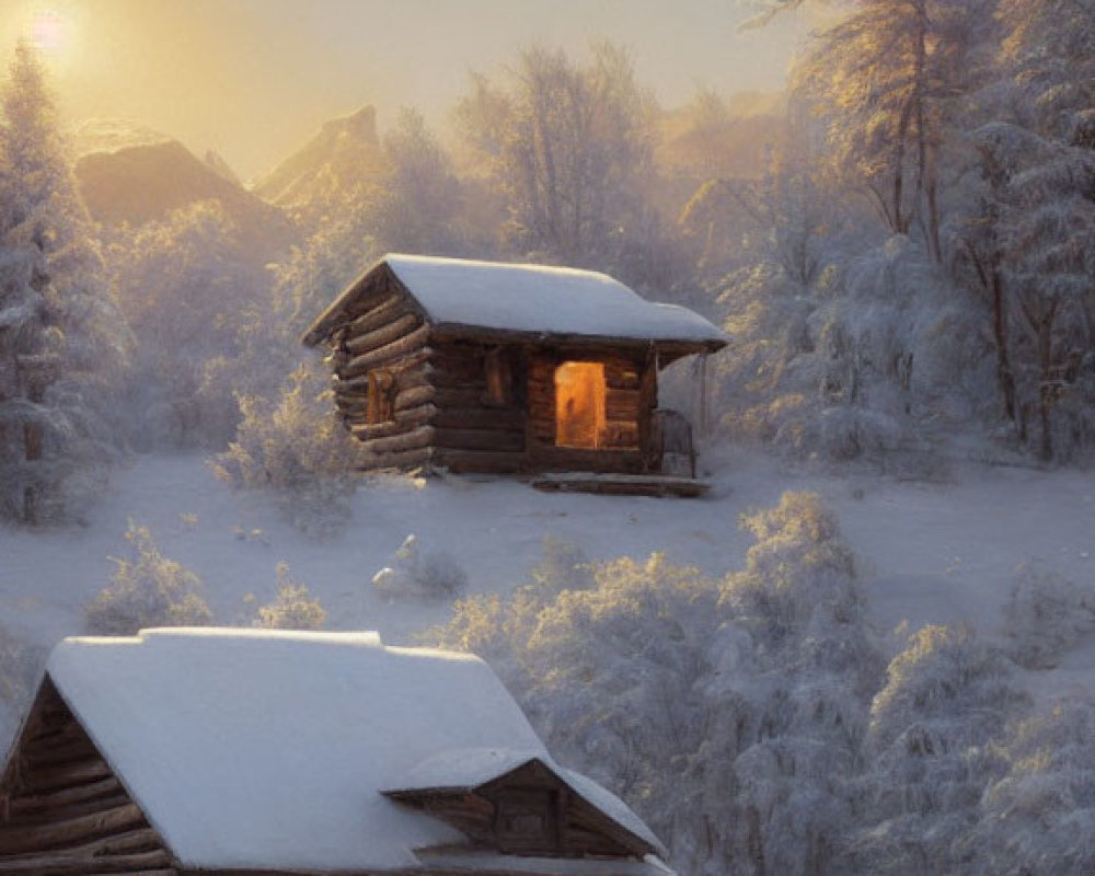 Snow-covered log cabins in serene winter sunset scene