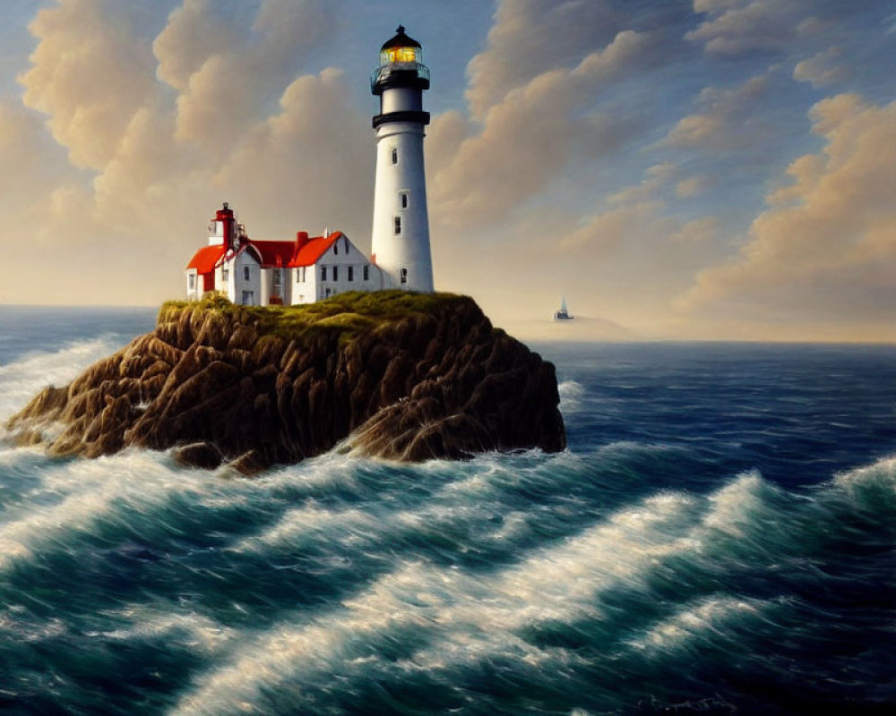 Lighthouse painting with rocky outcrop, crashing waves, cloudy sky, and distant boat.