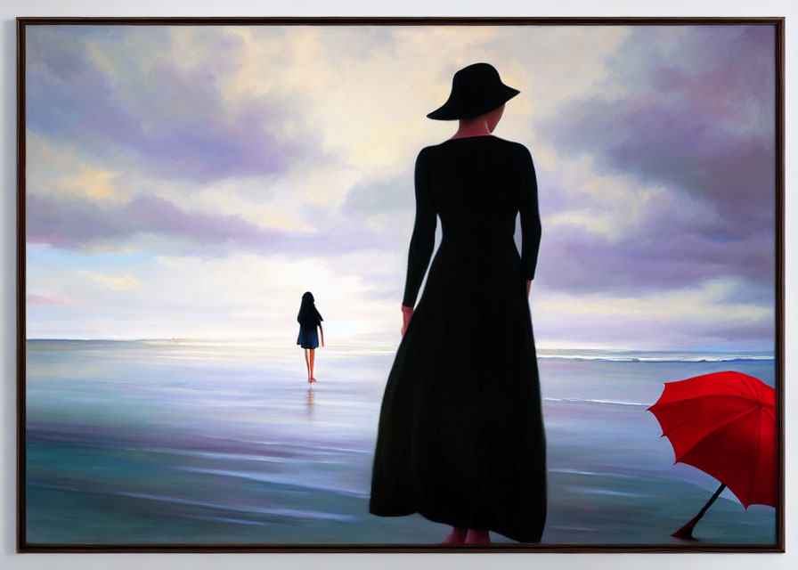 Silhouetted figures on beach with black dress, hat, and red umbrella
