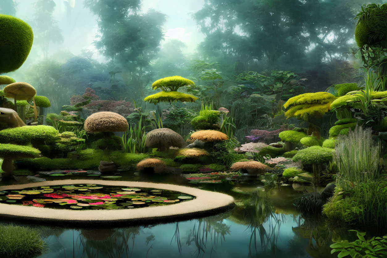 Mystical garden with oversized mushrooms and tranquil pond