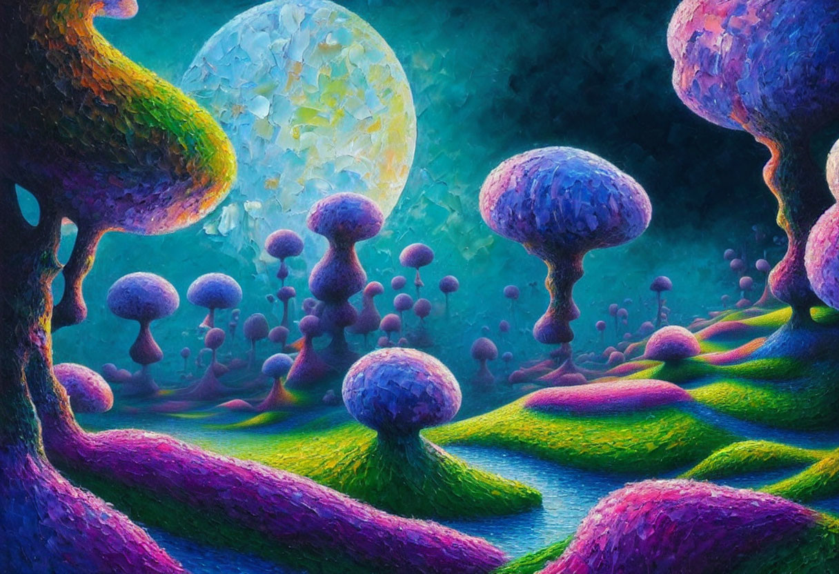 Surreal landscape with mushroom-like formations under large moon in vibrant colors