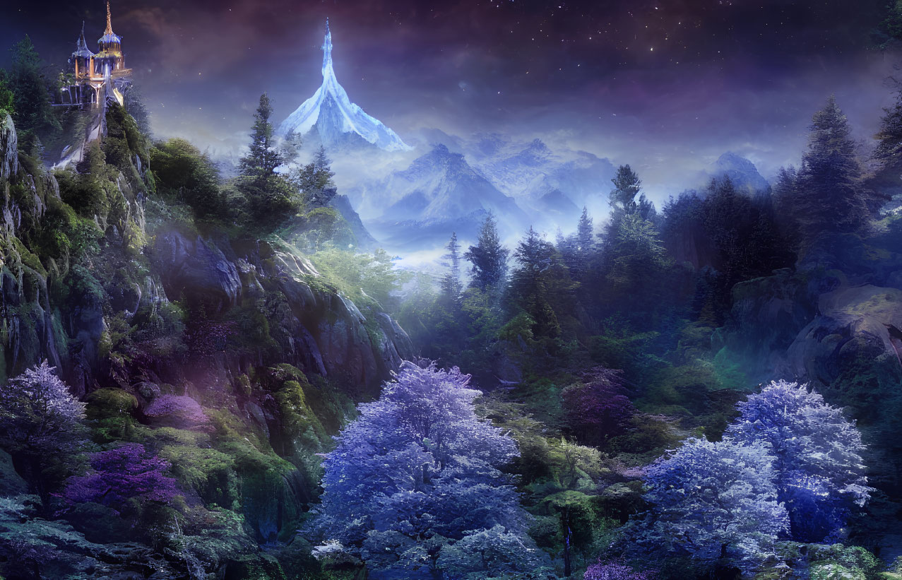 Fantastical twilight mountain landscape with icy peak and lone castle