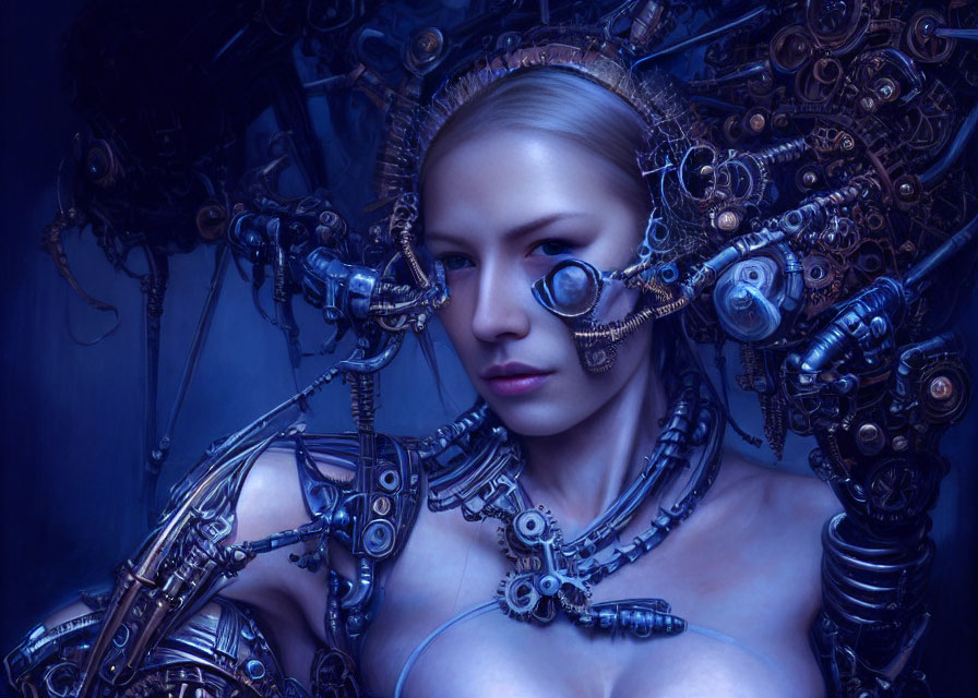 Cybernetic woman with steampunk aesthetic and gears in blue setting