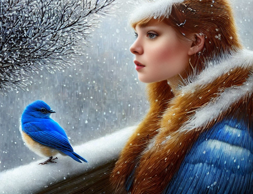 Woman in fur-trimmed coat with blue bird in snowy landscape