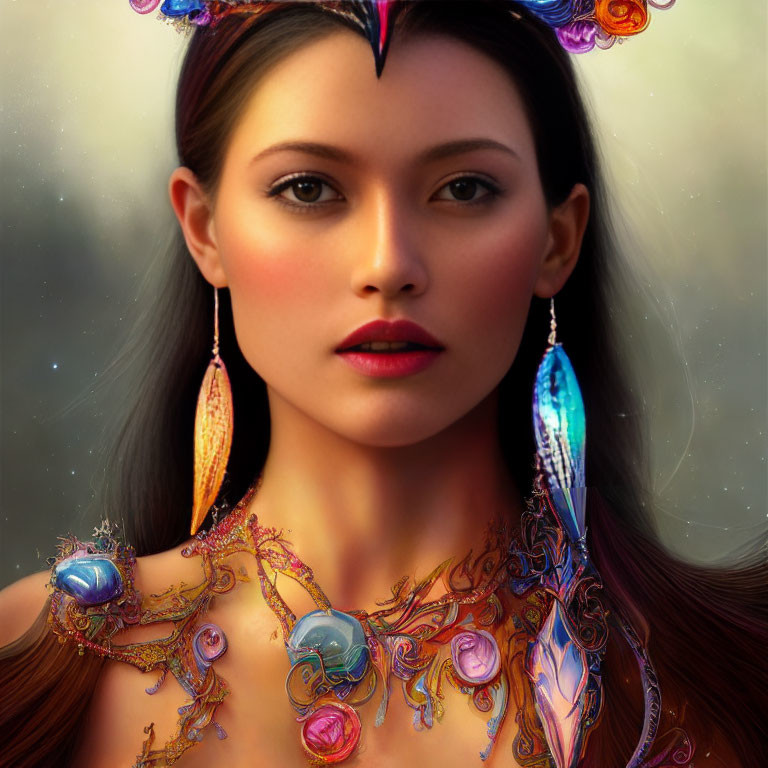 Colorful digital artwork of a woman with ornate headgear and necklace under a celestial backdrop