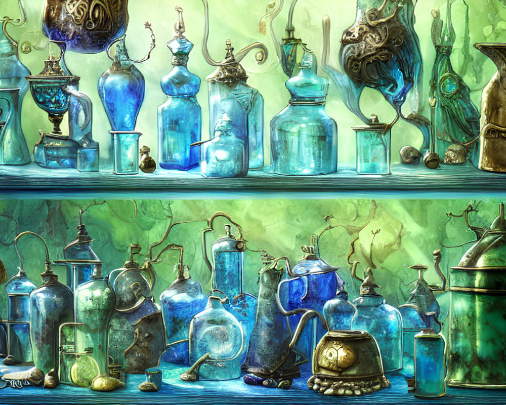 Colorful Glass Bottles and Containers in Fantasy Display