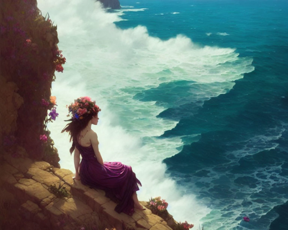 Woman with floral wreath overlooking turquoise ocean from cliff