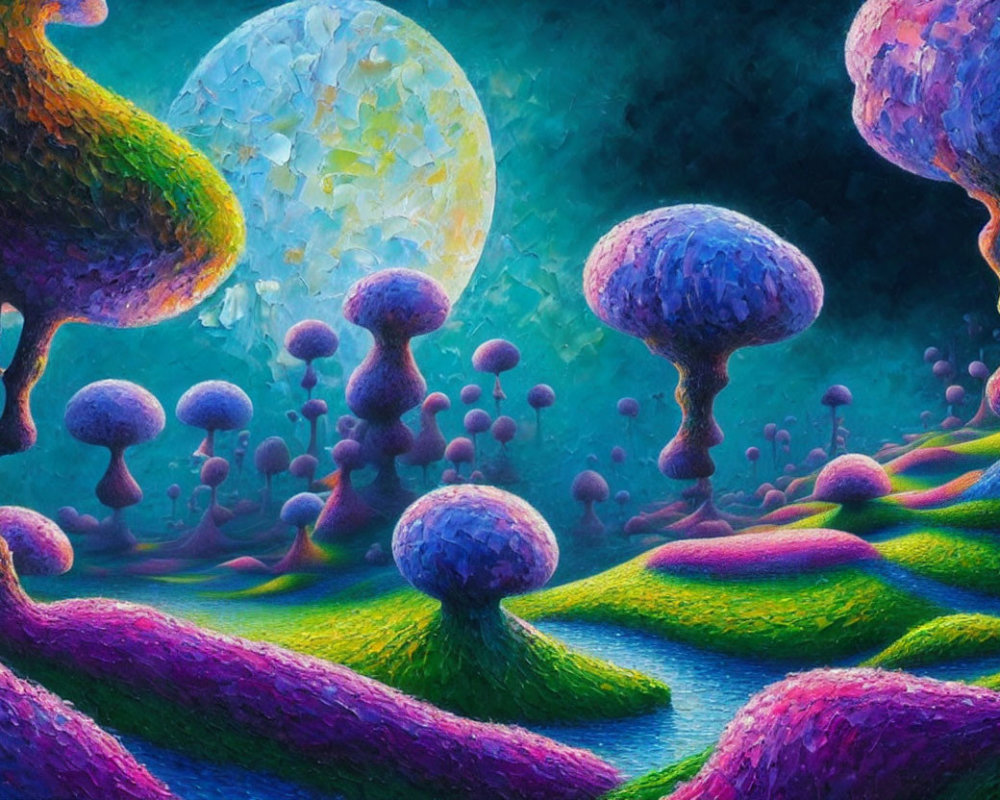 Surreal landscape with mushroom-like formations under large moon in vibrant colors
