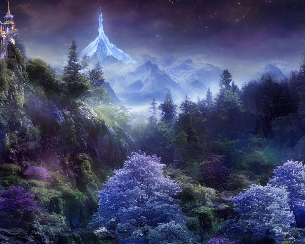 Fantastical twilight mountain landscape with icy peak and lone castle