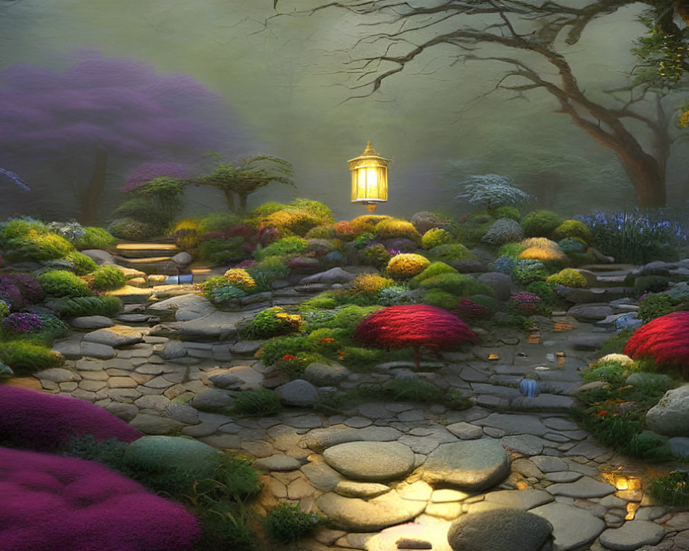 Twilight garden with moss-covered stones, lantern, and mysterious tree