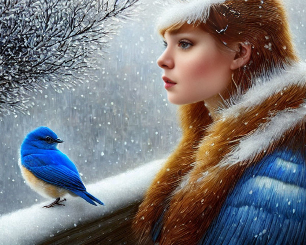 Woman in fur-trimmed coat with blue bird in snowy landscape