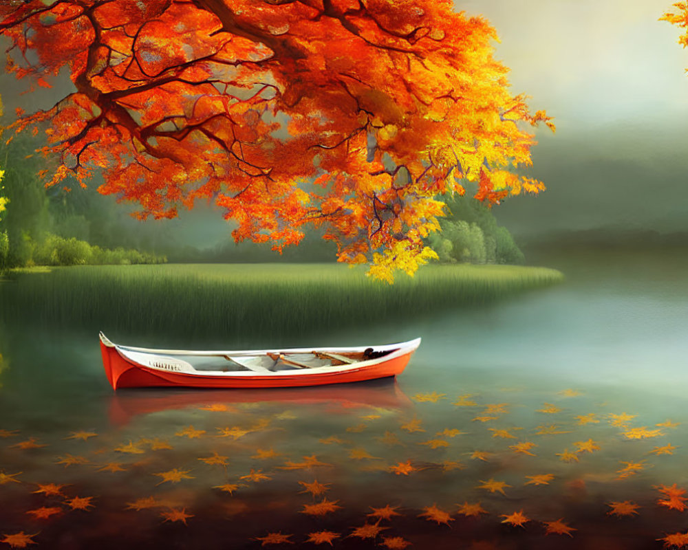 Tranquil autumn lake with red canoe, orange leaves, and fallen foliage