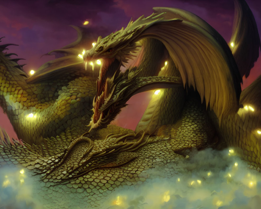 Majestic dragon with glowing eyes in mystical landscape
