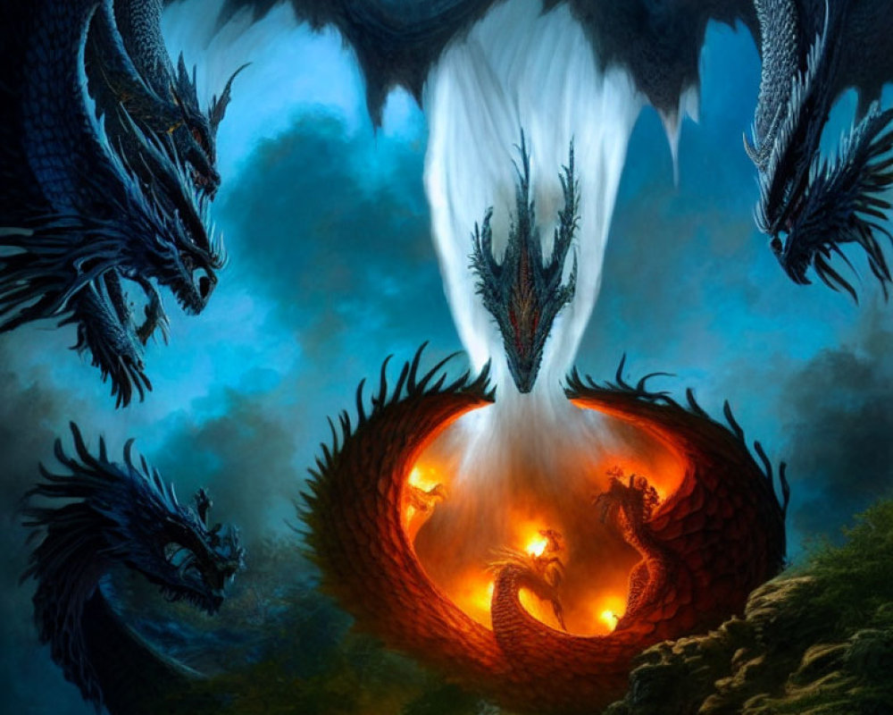 Four dragons guarding a fiery egg in mystical blue atmosphere
